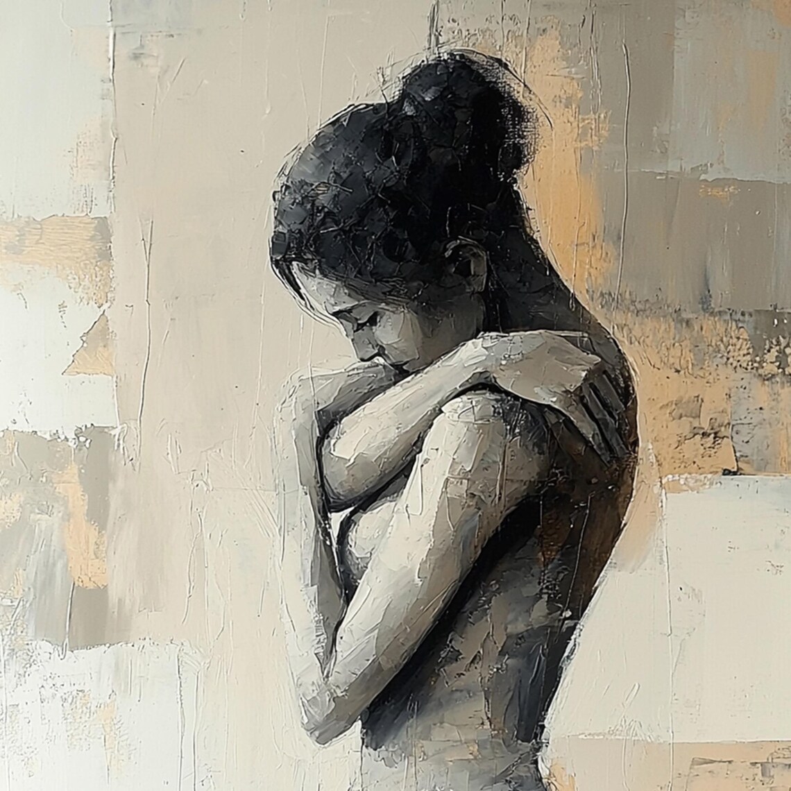 Embracing Woman Portrait Gray Beige Textured Abstract Art Poster - Image 6