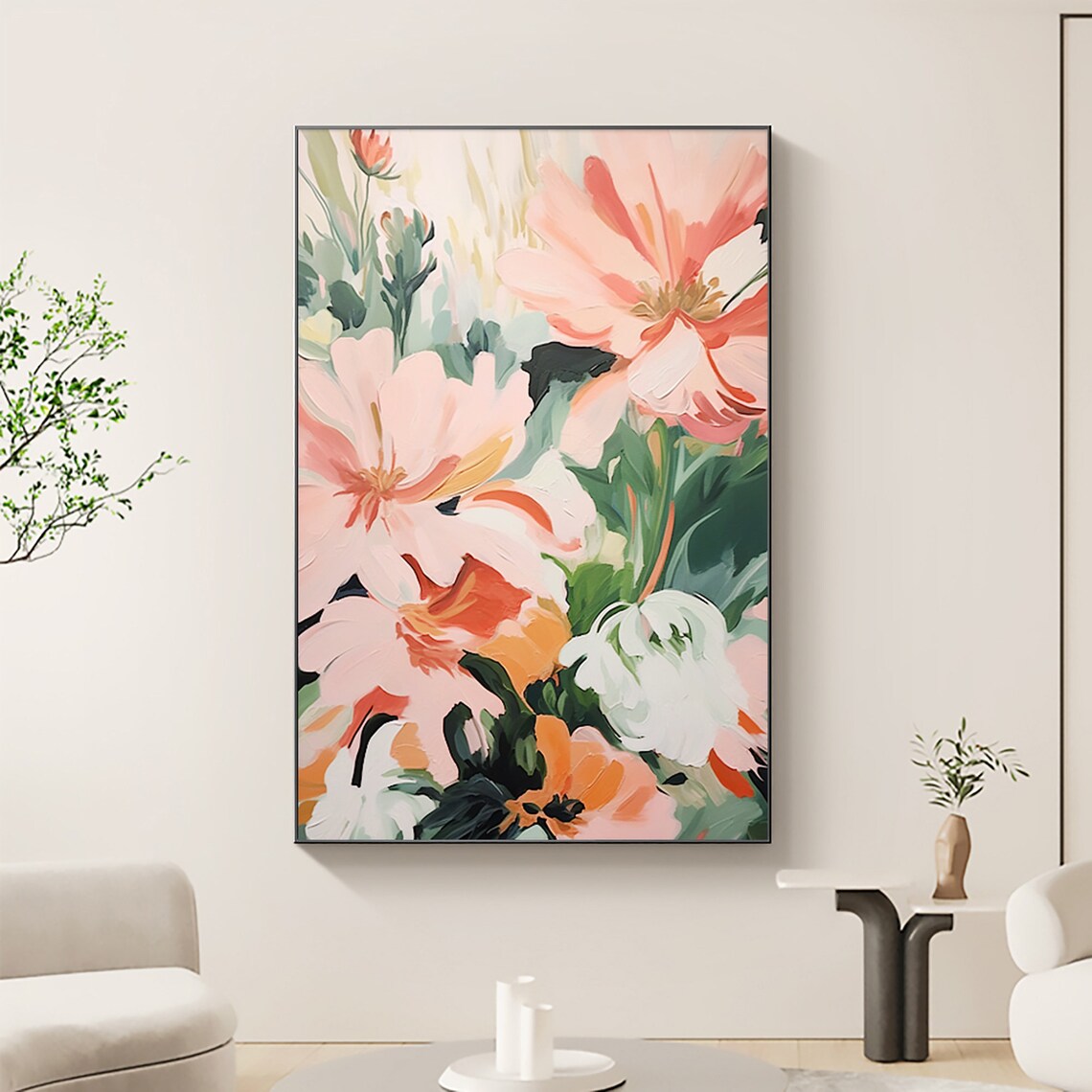 Soft Pink Blossoms Vertical Abstract Floral Oil Painting Poster - Image 5