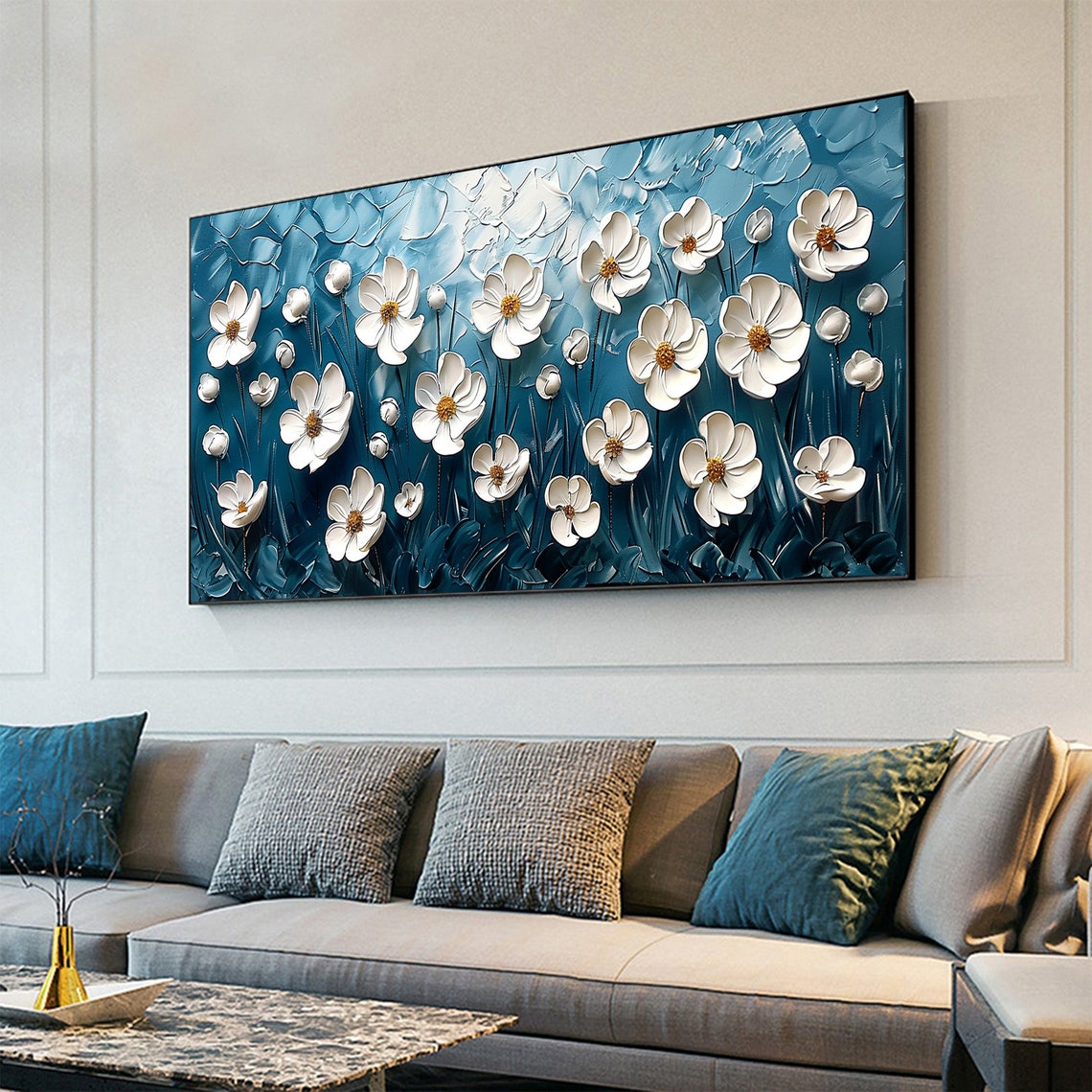 White Daisies on Bright Teal 3D Textured Floral Oil Painting Poster - Image 8