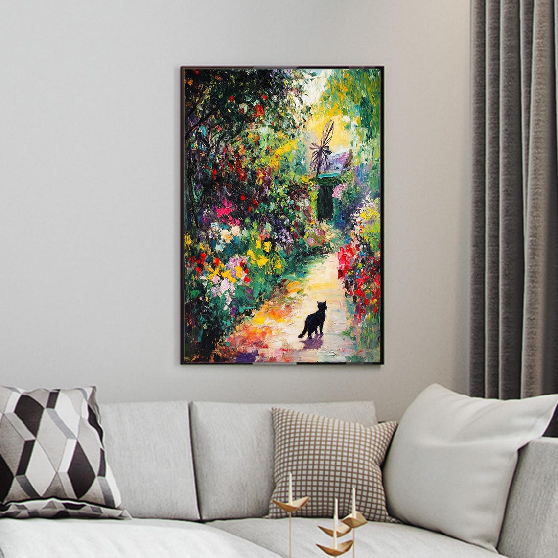 Black Cat on a Flower Garden Path Impressionist Oil Painting Poster - Image 5