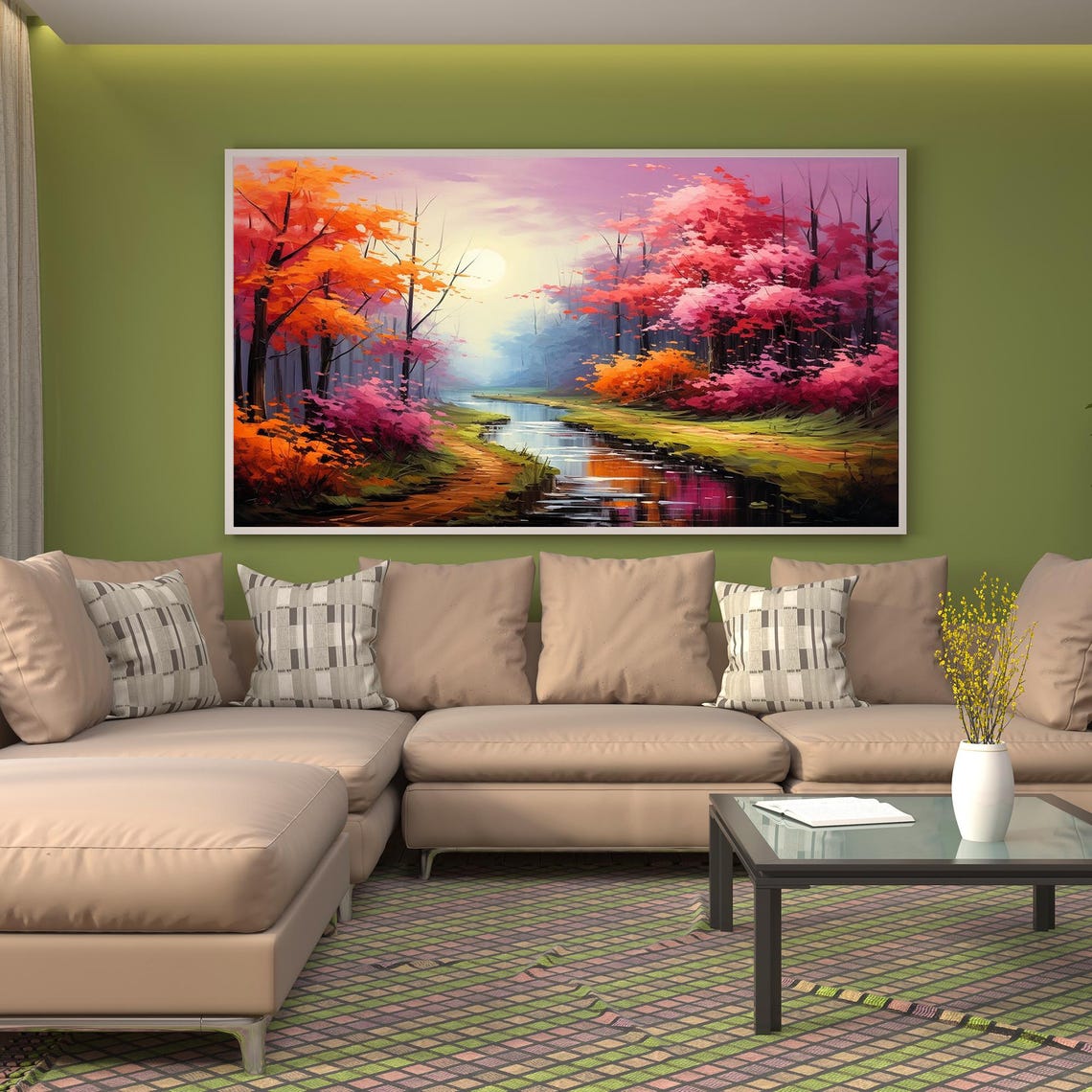 Pink Orange Forest River Glowing Sun Serene Landscape Poster - Image 4