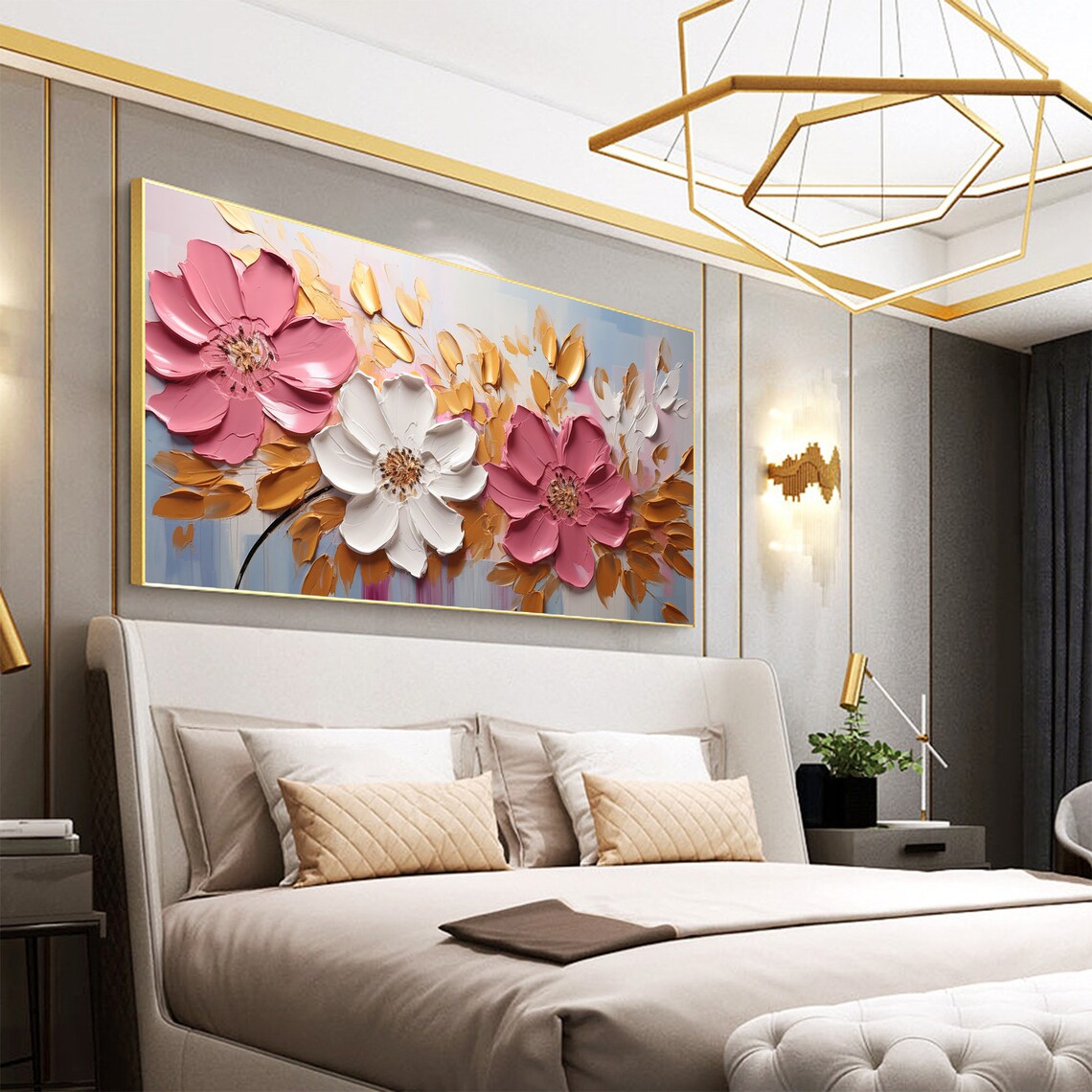Pink and White Flowers With Gold Foliage Impasto Oil Painting Poster - Image 7