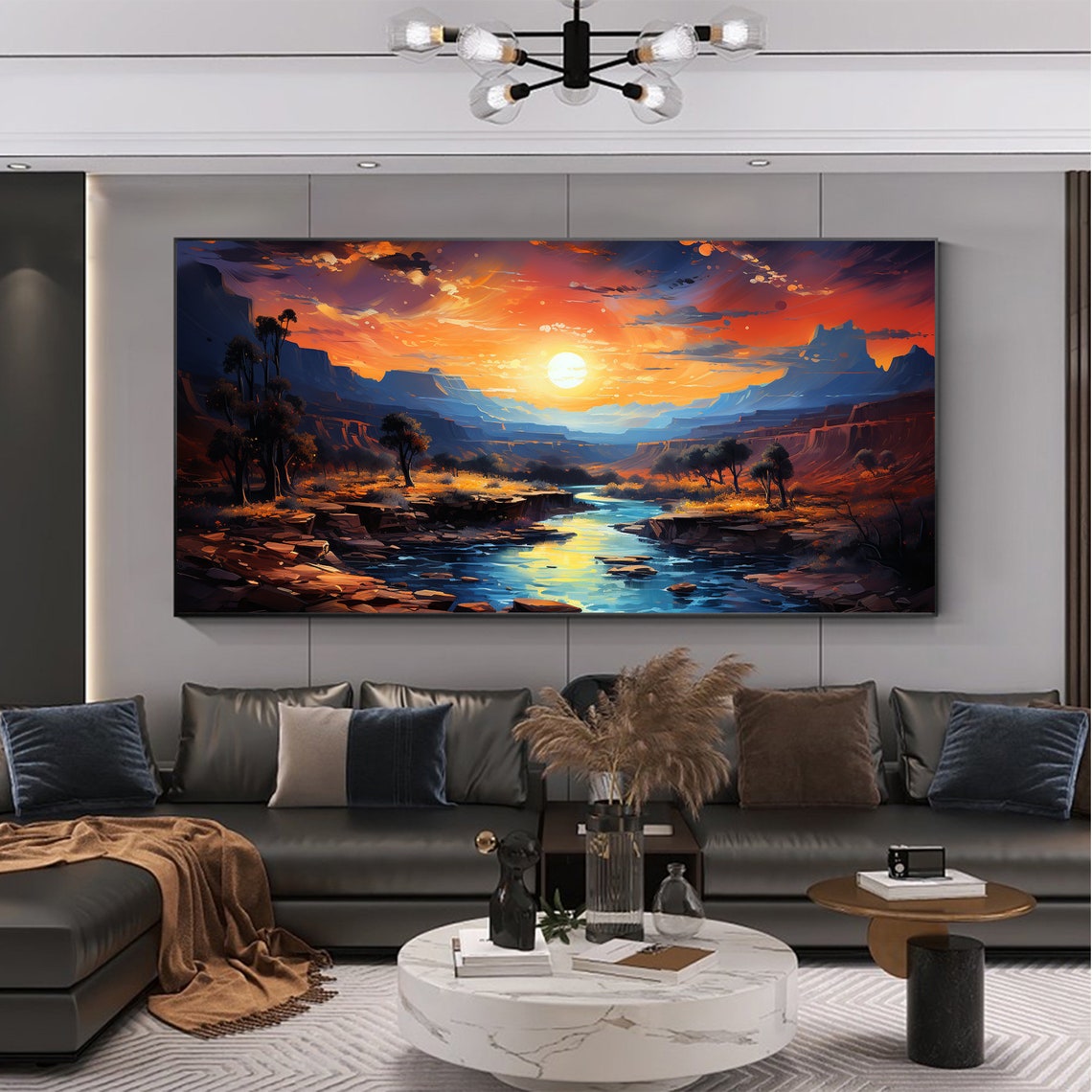 Original River Landscape Oil Painting On Large Wall Art Abstract Sunset Mountain Painting Minimalist Art Custom Living Room Decor - Image 4
