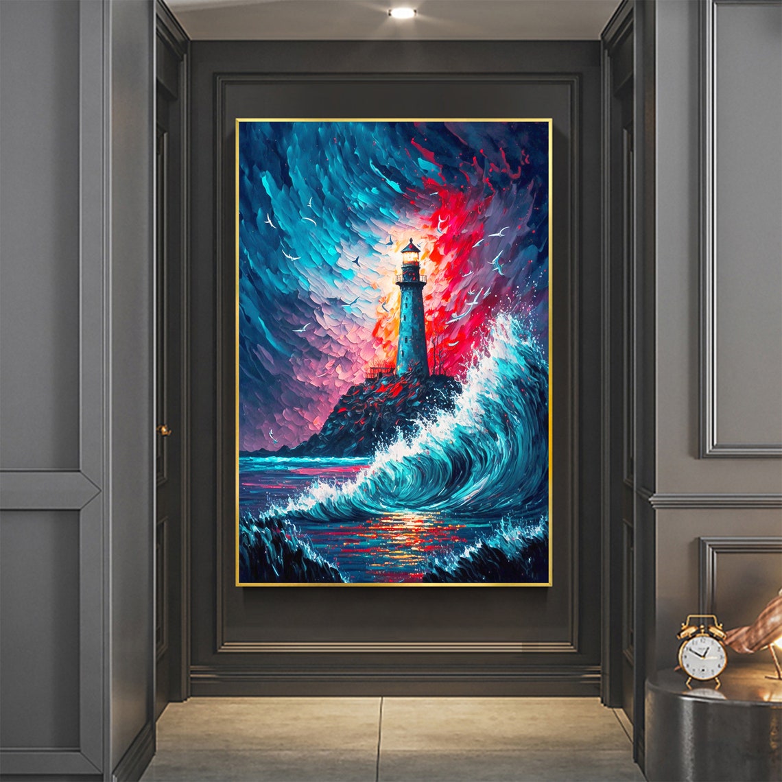 Lighthouse Against a Crashing Teal Wave Storm Oil Painting Poster - Image 2