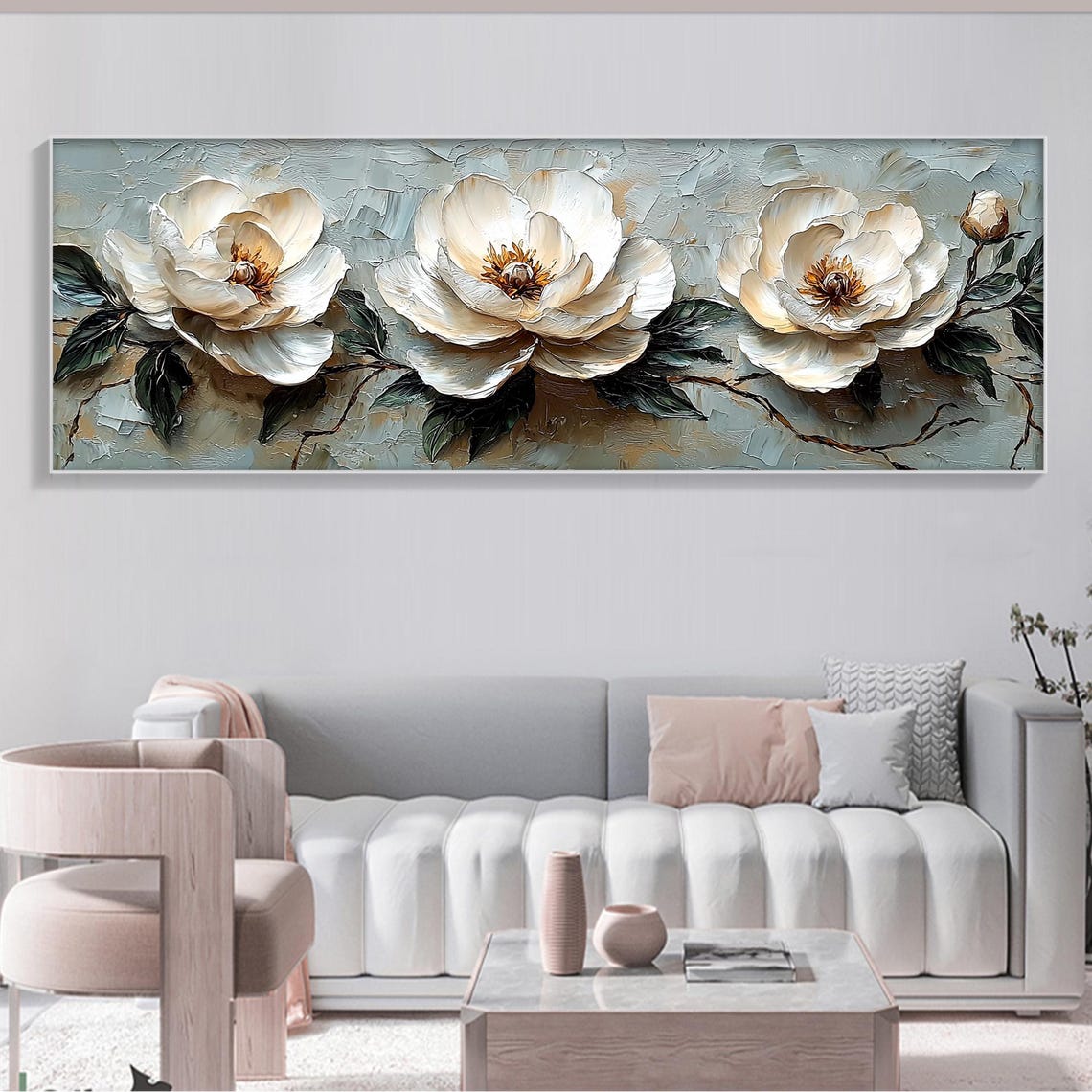 Three White Peonies Textured Horizontal Floral Oil Painting Poster - Image 5