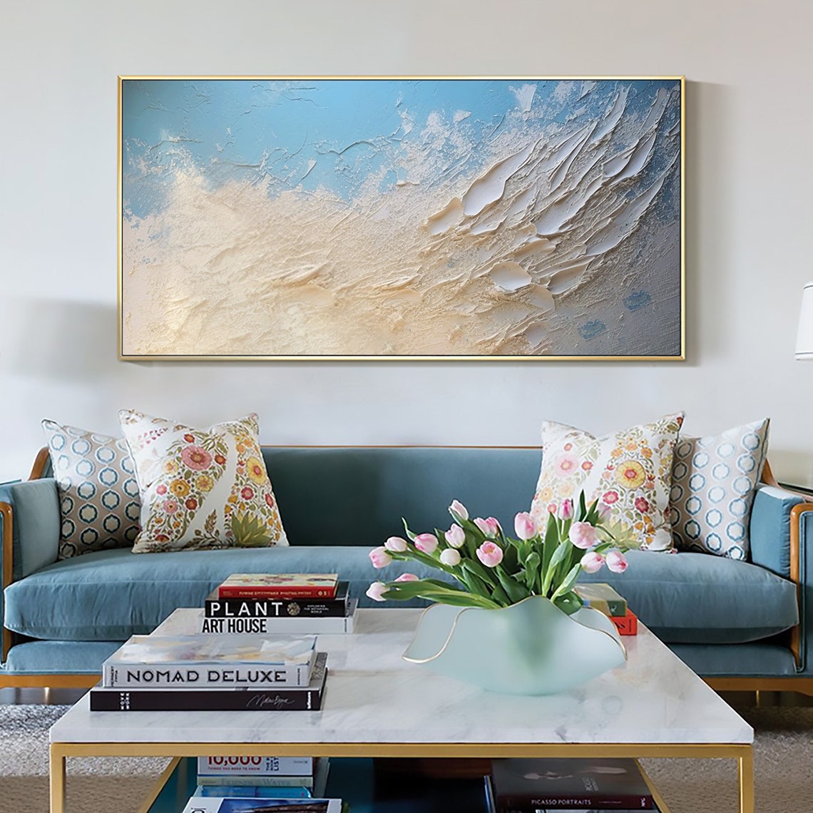 Ocean Wave Foam Abstract in Blue Cream Textured Oil Painting Poster - Image 2