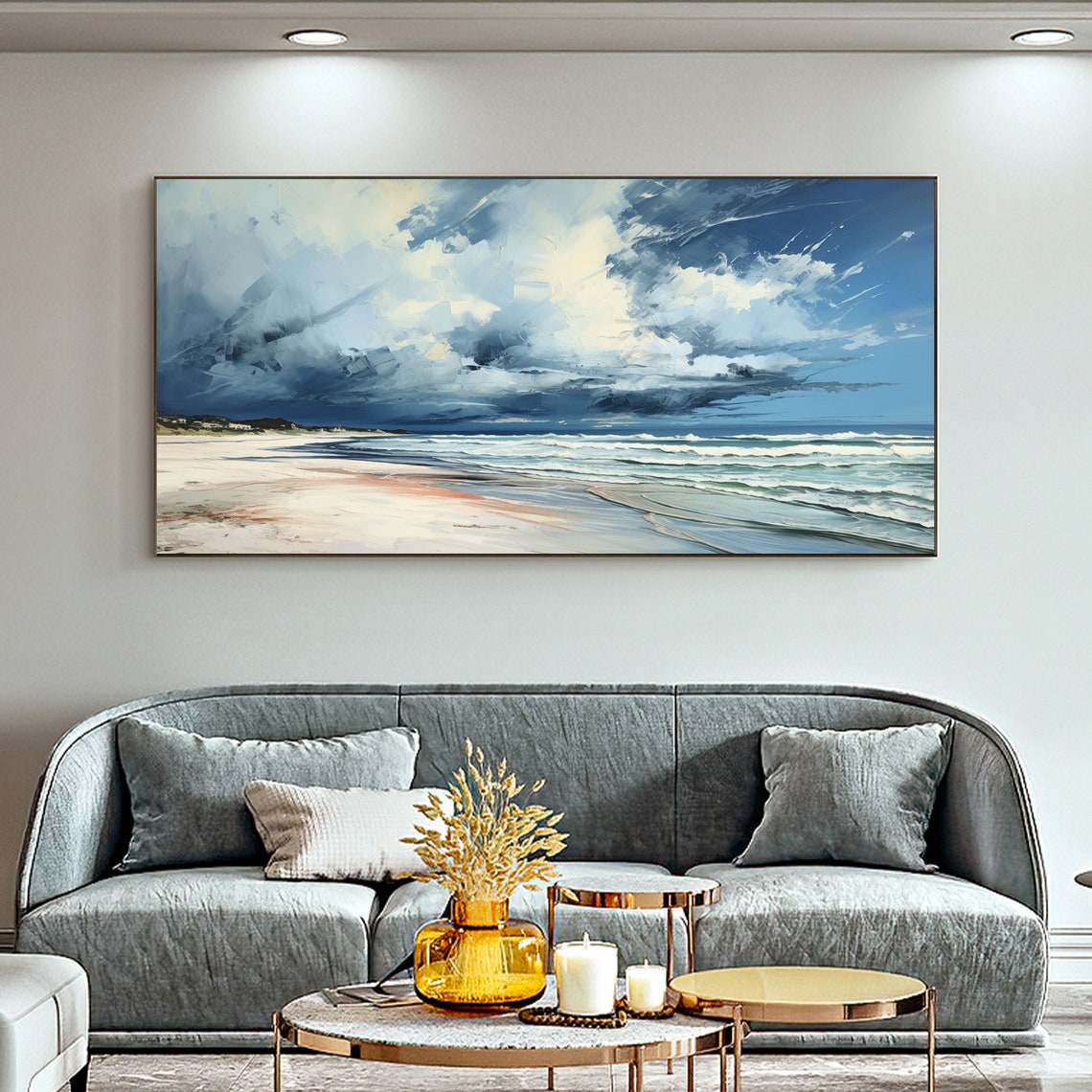 Dramatic Clouds Over a Calm Blue Beach Seascape Oil Painting Poster - Image 3