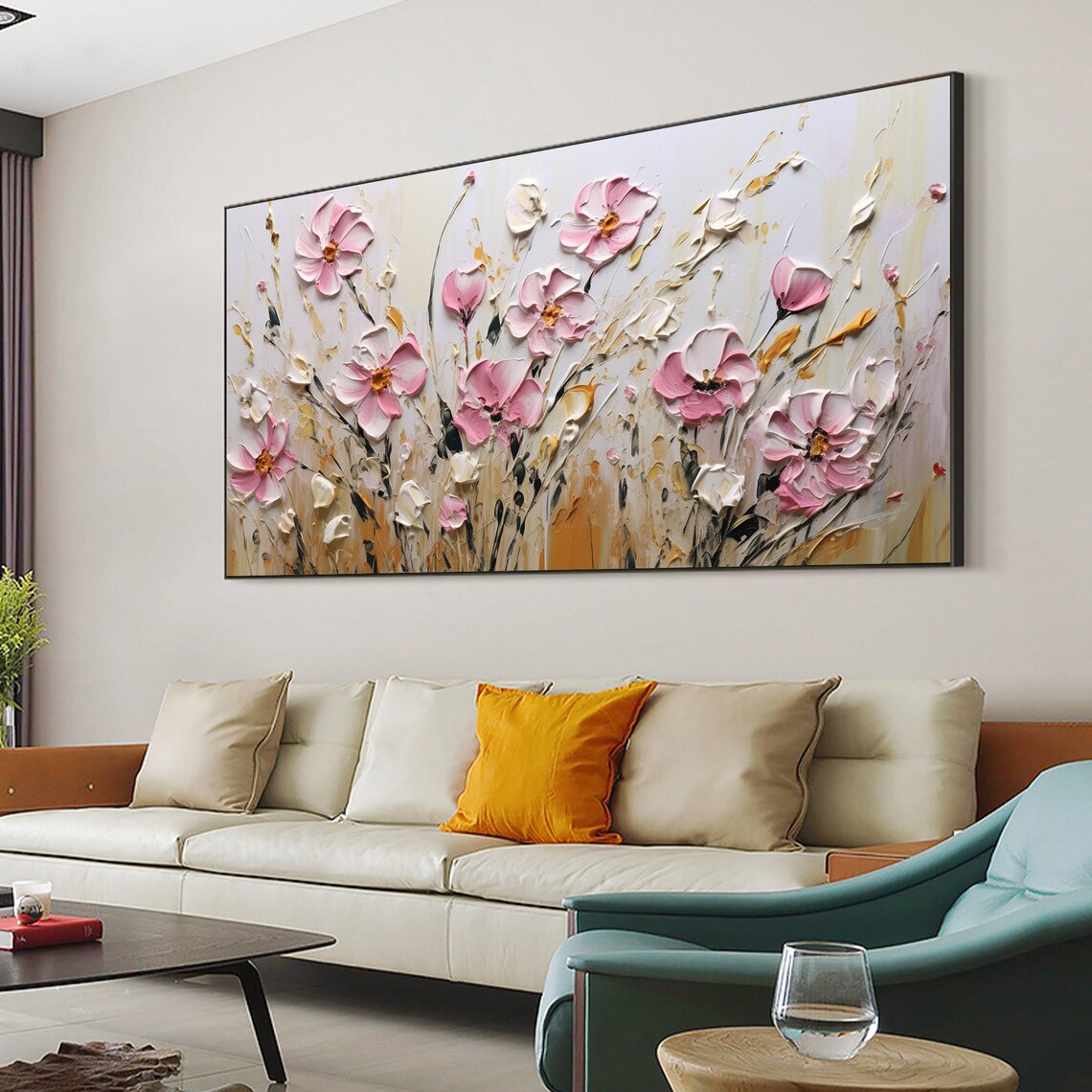 Delicate Pink Cosmos Flowers White Cream Impasto Floral Poster - Image 5