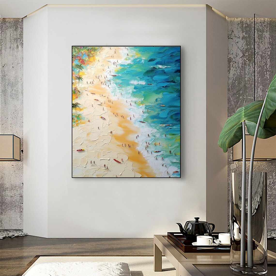 Aerial View of a Summer Beach With Swimmers Oil Painting Poster - Image 3