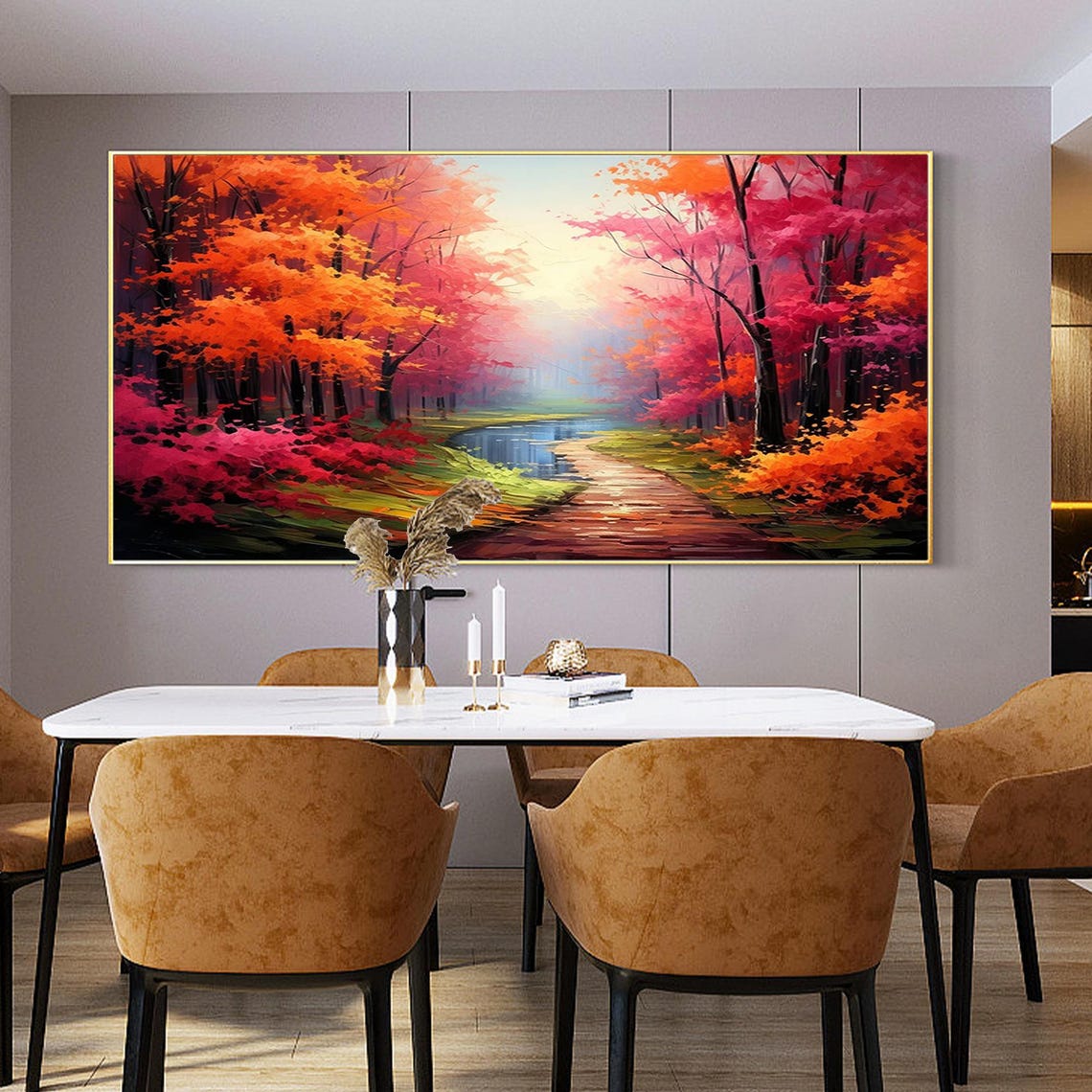 Autumn Forest Path Red Orange Trees Peaceful Water Art Poster - Image 5