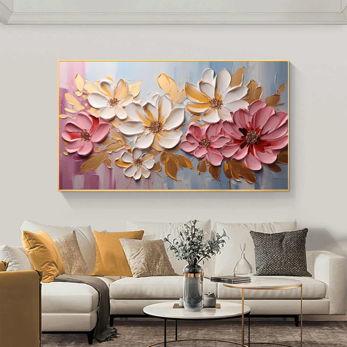 Pink and White Blossoms Gold Leaves Impasto Oil Painting Poster - Image 4