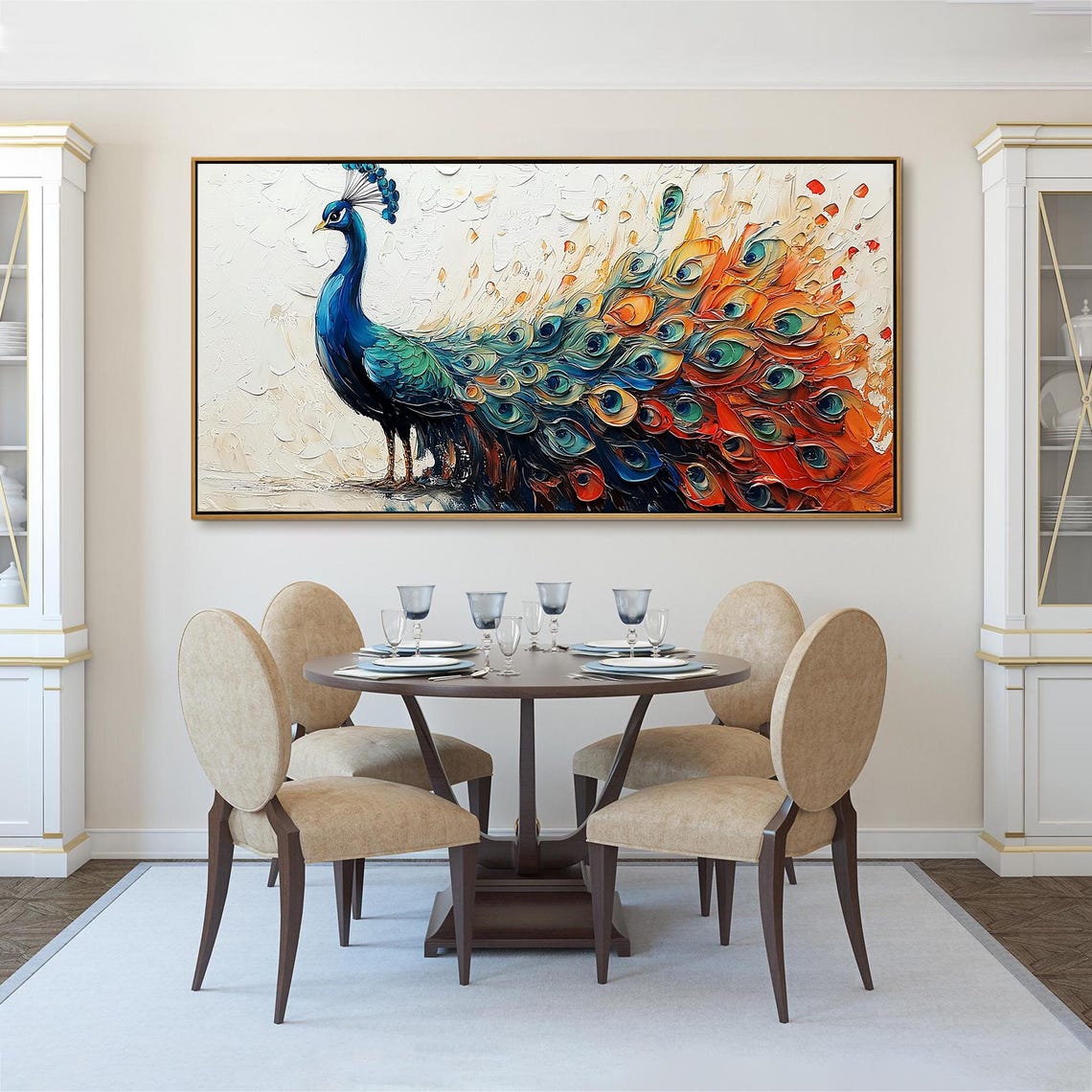 Blue Peacock With Fiery Tail Feathers Textured Oil Painting Poster - Image 3