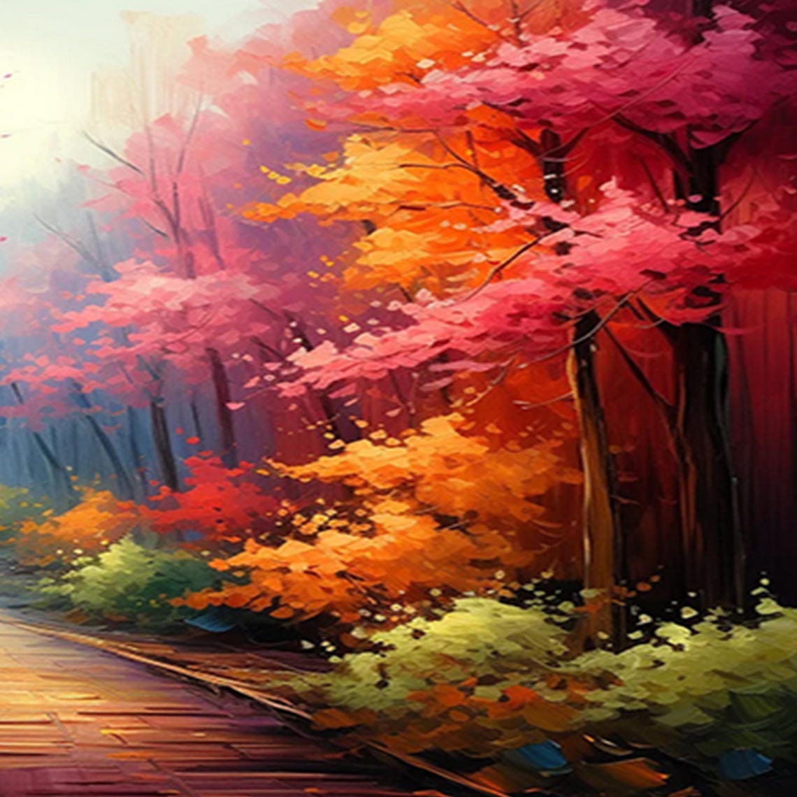 Winding Autumn Forest Road Pink Orange Trees Landscape Poster - Image 6