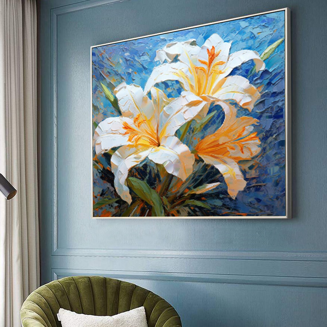 White Orange Lily Blooms Deep Blue Textured Floral Art Poster - Image 3