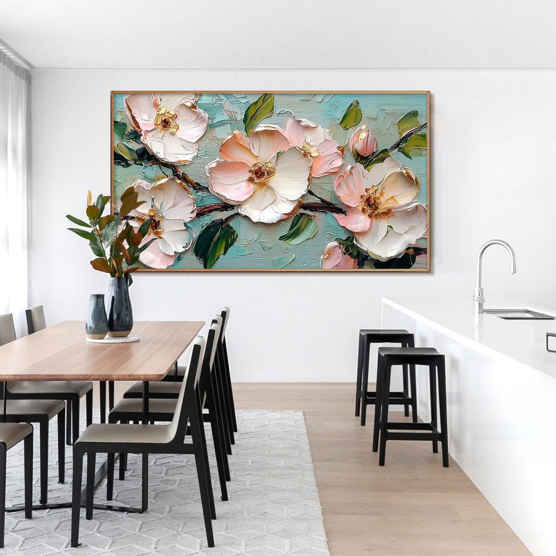 Pink Blossoms on Branches Over Teal Impasto Floral Oil Painting Poster - Image 5
