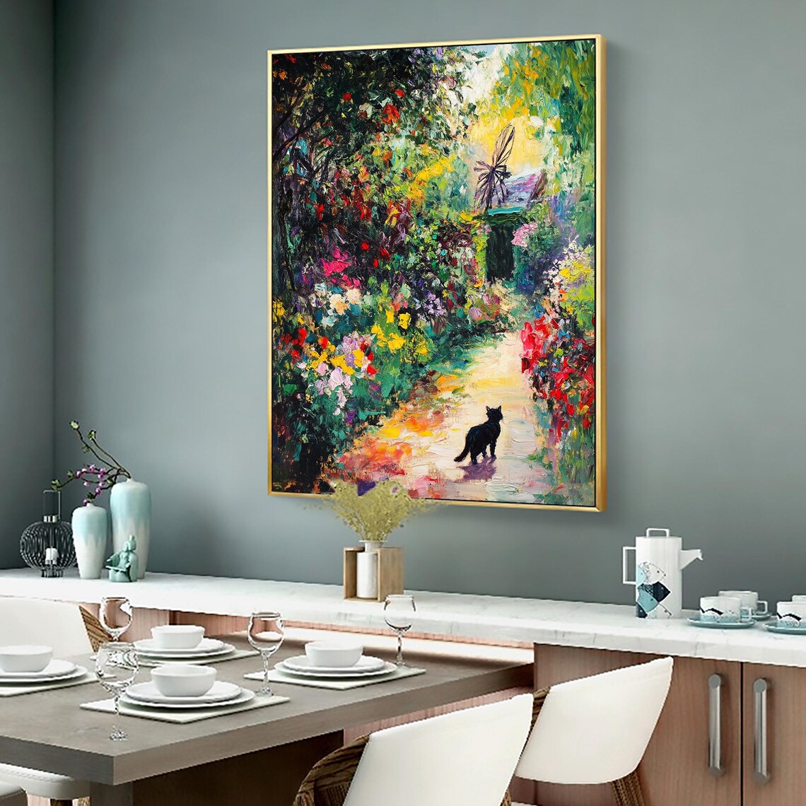 Black Cat on a Flower Garden Path Impressionist Oil Painting Poster - Image 3