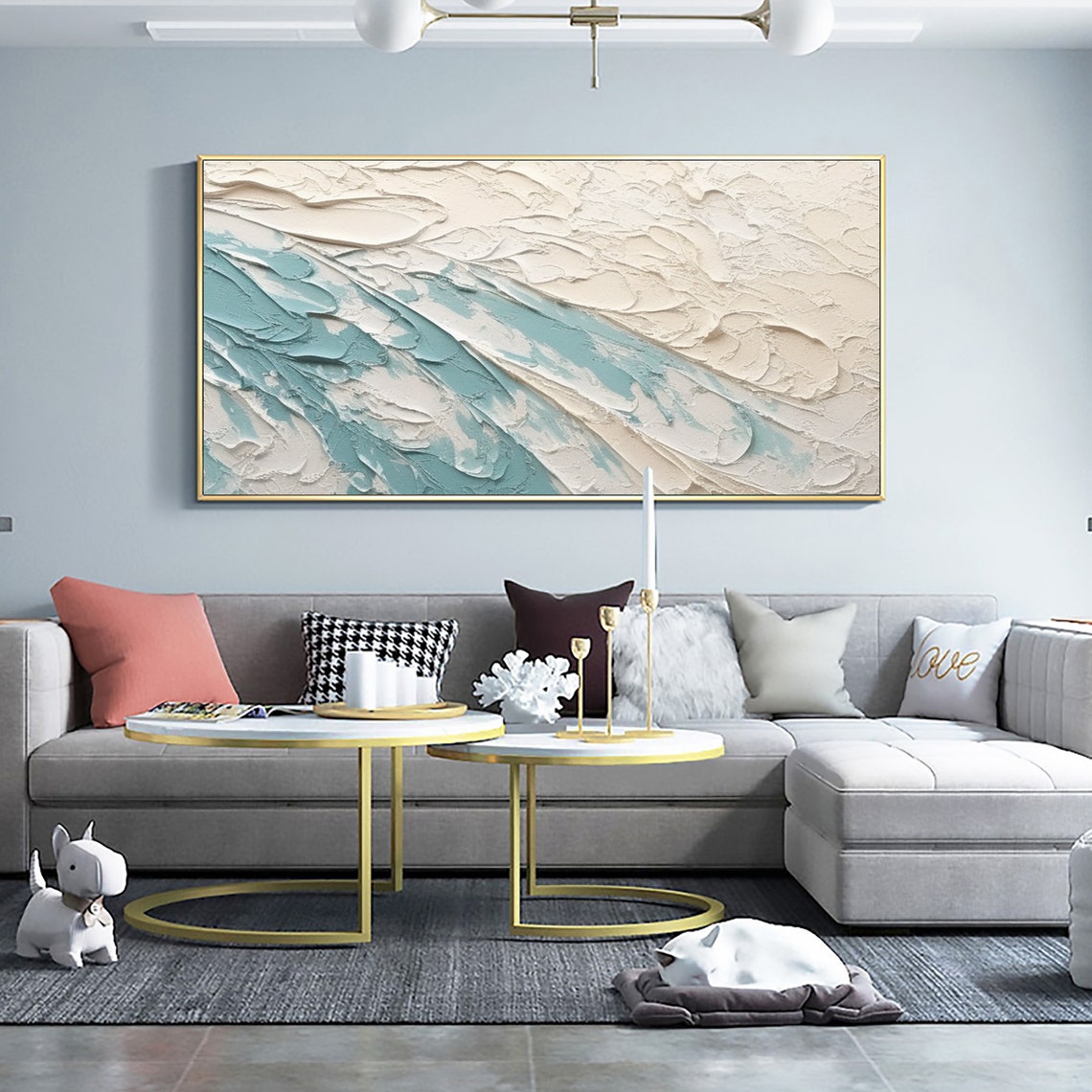 White Teal Ocean Wave Minimalist 3D Textured Abstract Poster - Image 2