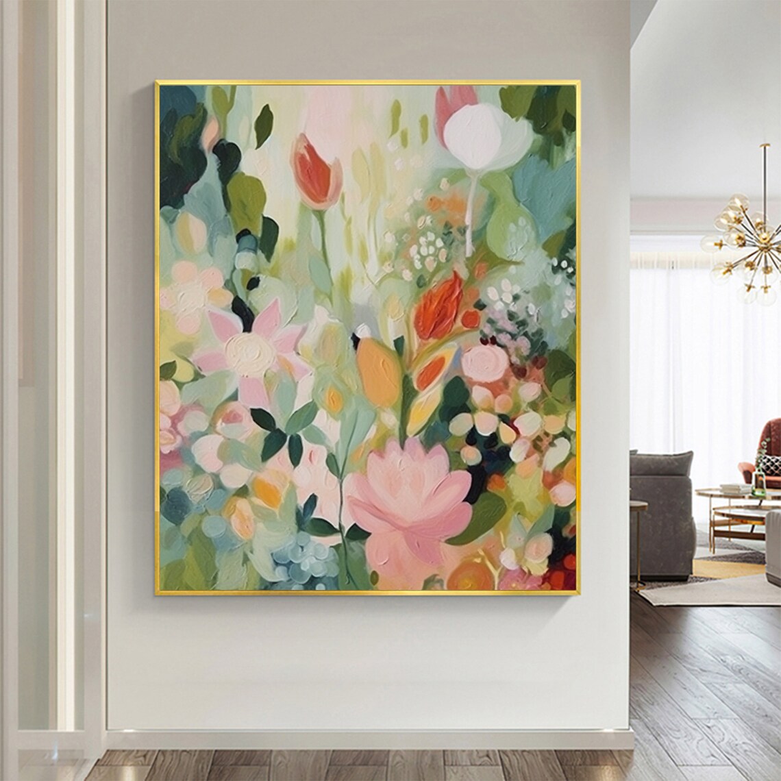 Green Flowers Oil Painting, Abstract Boho Floral Art Print - Image 3