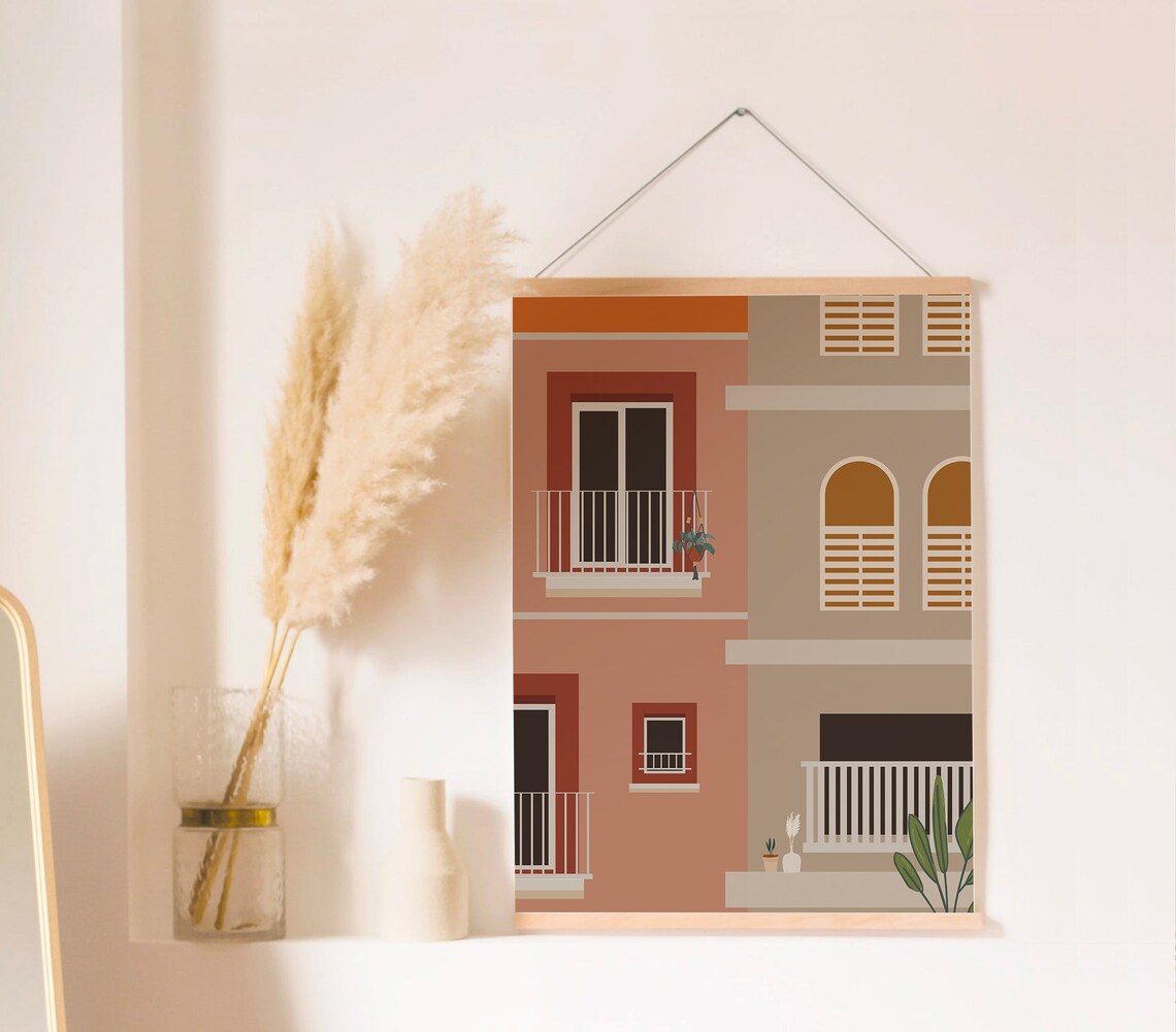Spanish Apartment Facade Balcony Colorful Illustration Poster