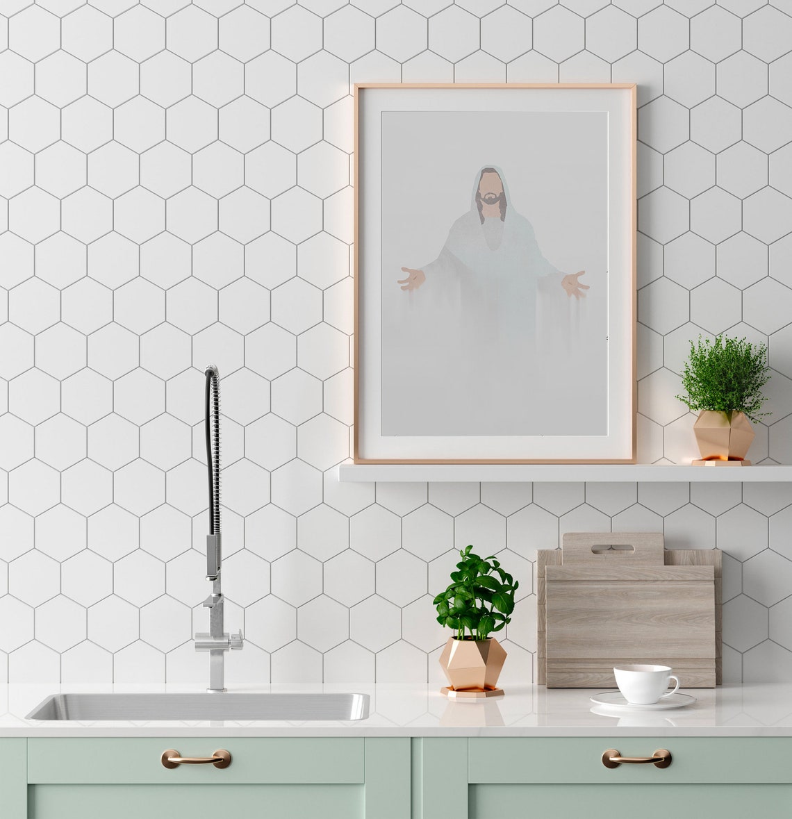 Jesus Christ Open Arms White Robe Minimalist Christian Art Poster - Image 2