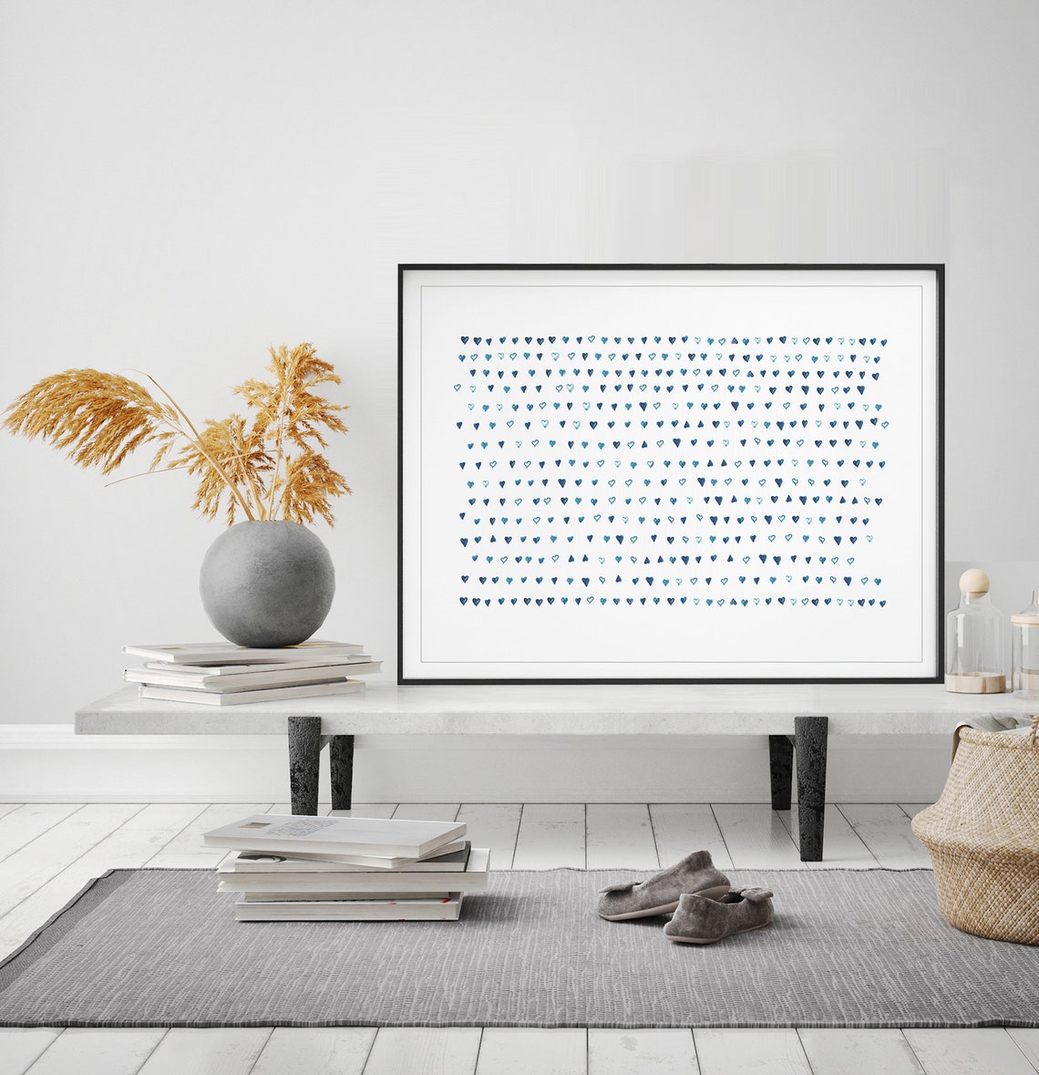 Navy Blue Hearts Pattern Watercolor Minimalist Nursery Decor Poster