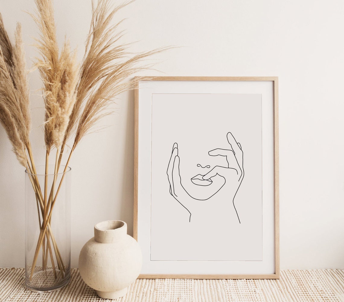 Woman Lips Touched by Hands Single Line Drawing Modern Art Poster - Image 2