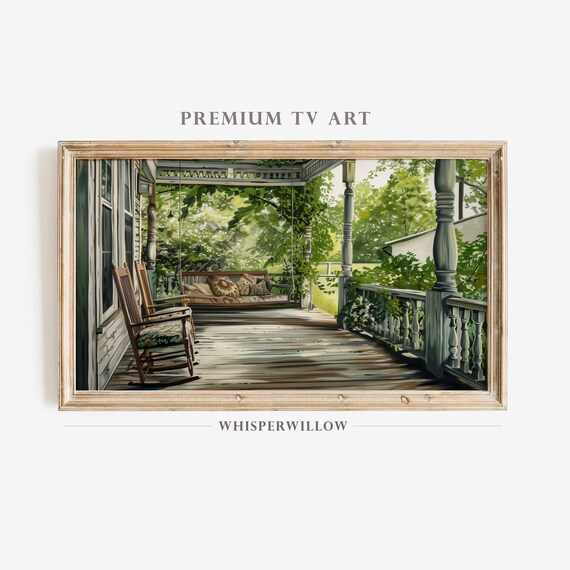 Sunlit Farmhouse Porch with Rocking Chairs and Wooden Swing Poster