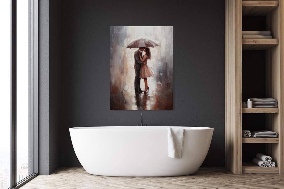 Romantic Couple Sharing an Umbrella in the Rain Oil Painting Poster - Image 4