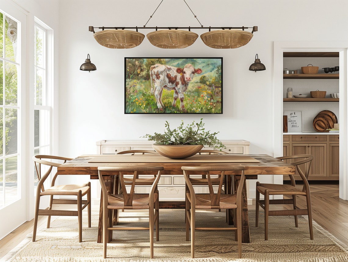 Brown and White Spotted Calf in Wildflower Meadow Farm Poster - Image 3