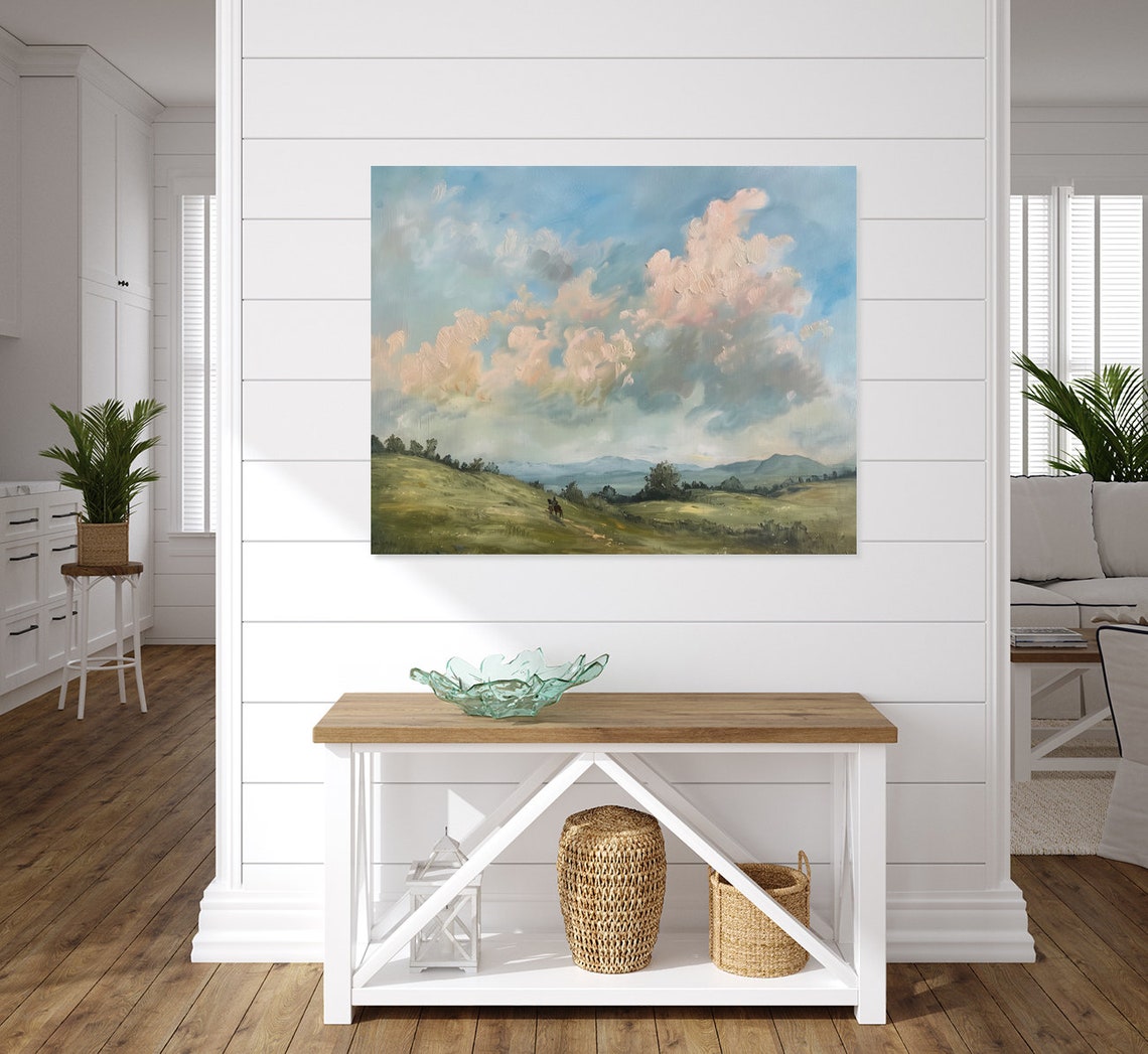 Pink Clouds Over Rolling Green Hills with Horse Rider Poster - Image 4
