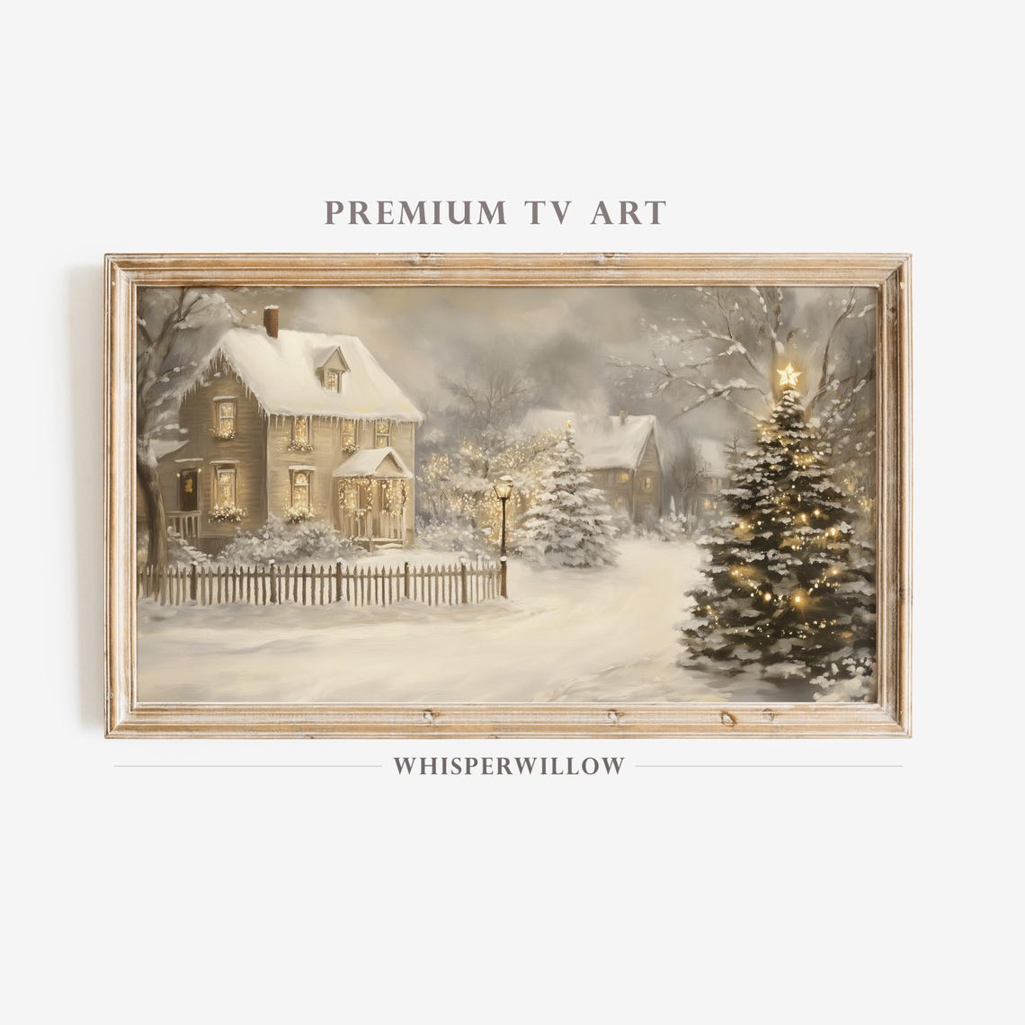 Snowy Cottage with Picket Fence and Lit Christmas Tree Night Poster