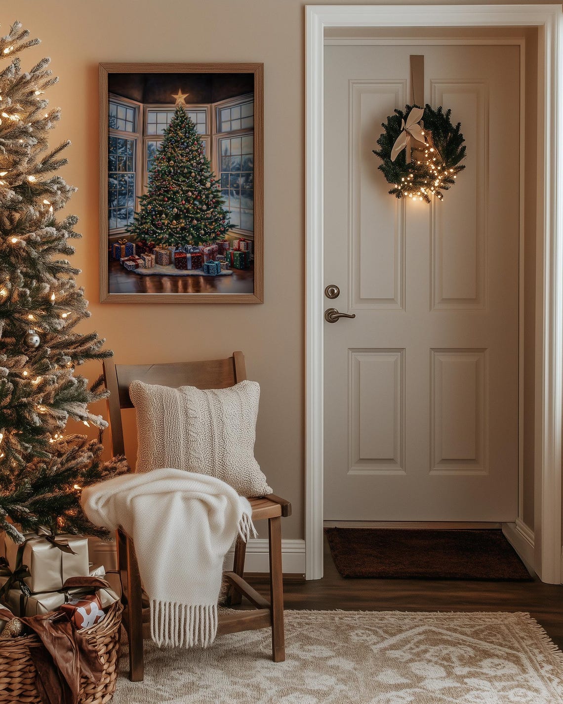Decorated Christmas Tree with Presents by Bay Windows at Night Poster - Image 5