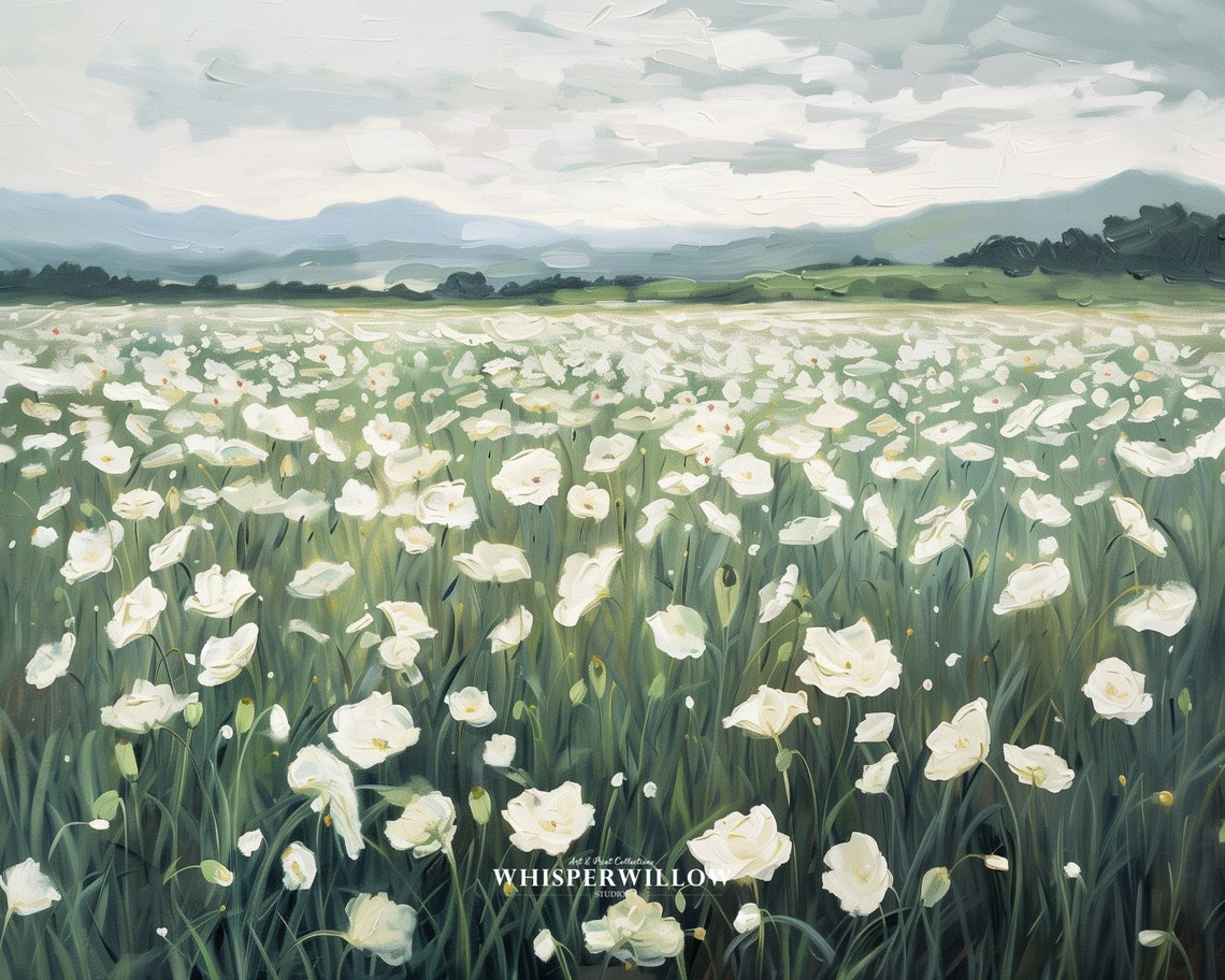 White Poppy Meadow With Distant Mountains Serene Landscape Poster - Image 6