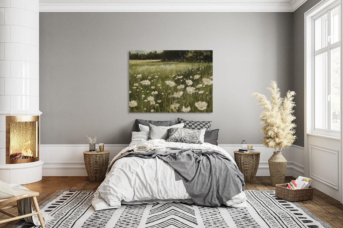 White Daisies Blooming in Lush Green Meadow Vintage Style Poster - Image 5