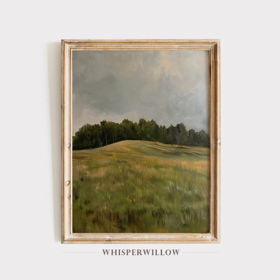 Tree Line Grassy Landscape Muted Colors Painting Antique Country Rustic Farmhouse Wall Decor Instant Print