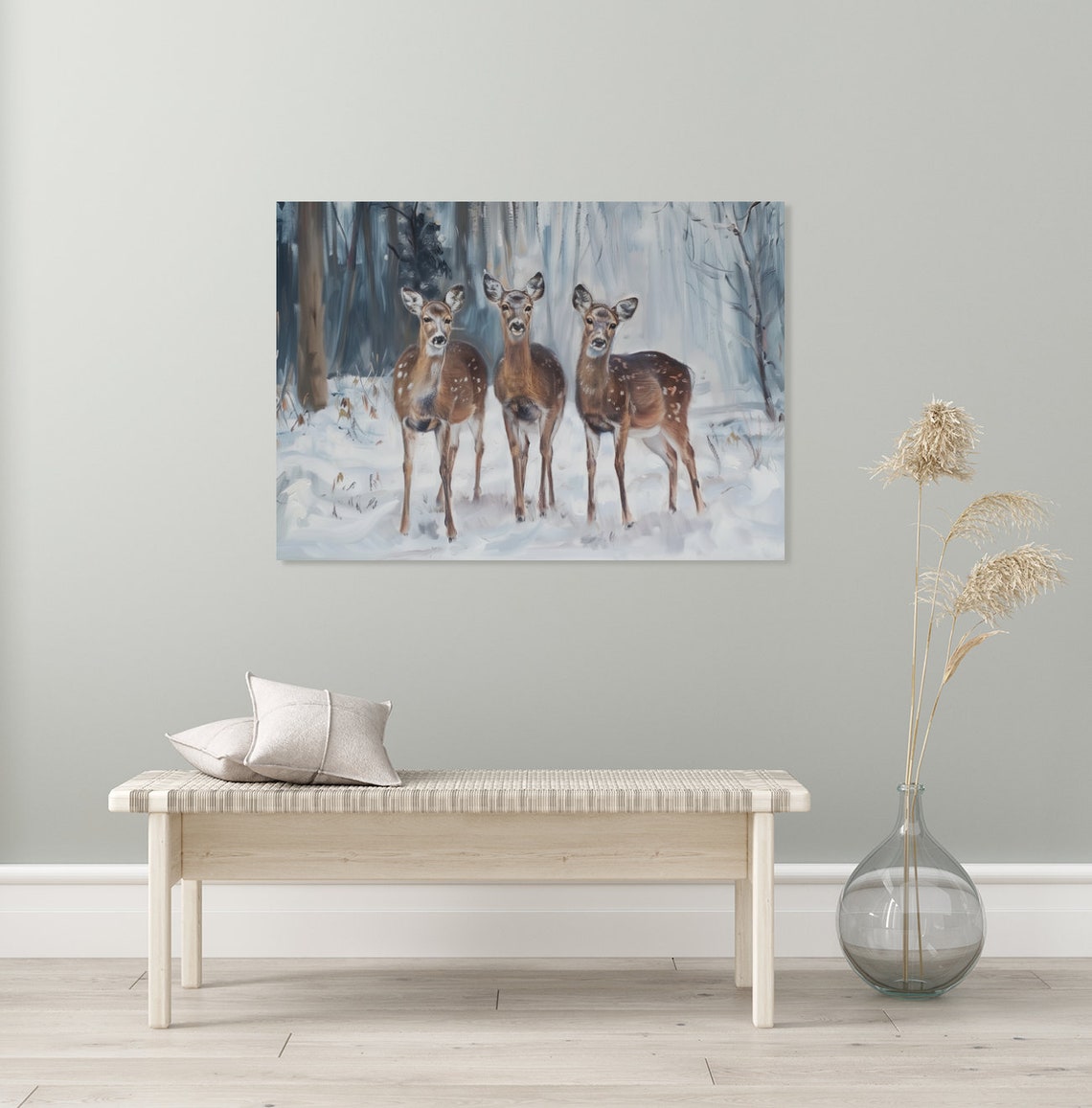 Three Deer in a Snowy Winter Forest Painterly Wildlife Poster - Image 3