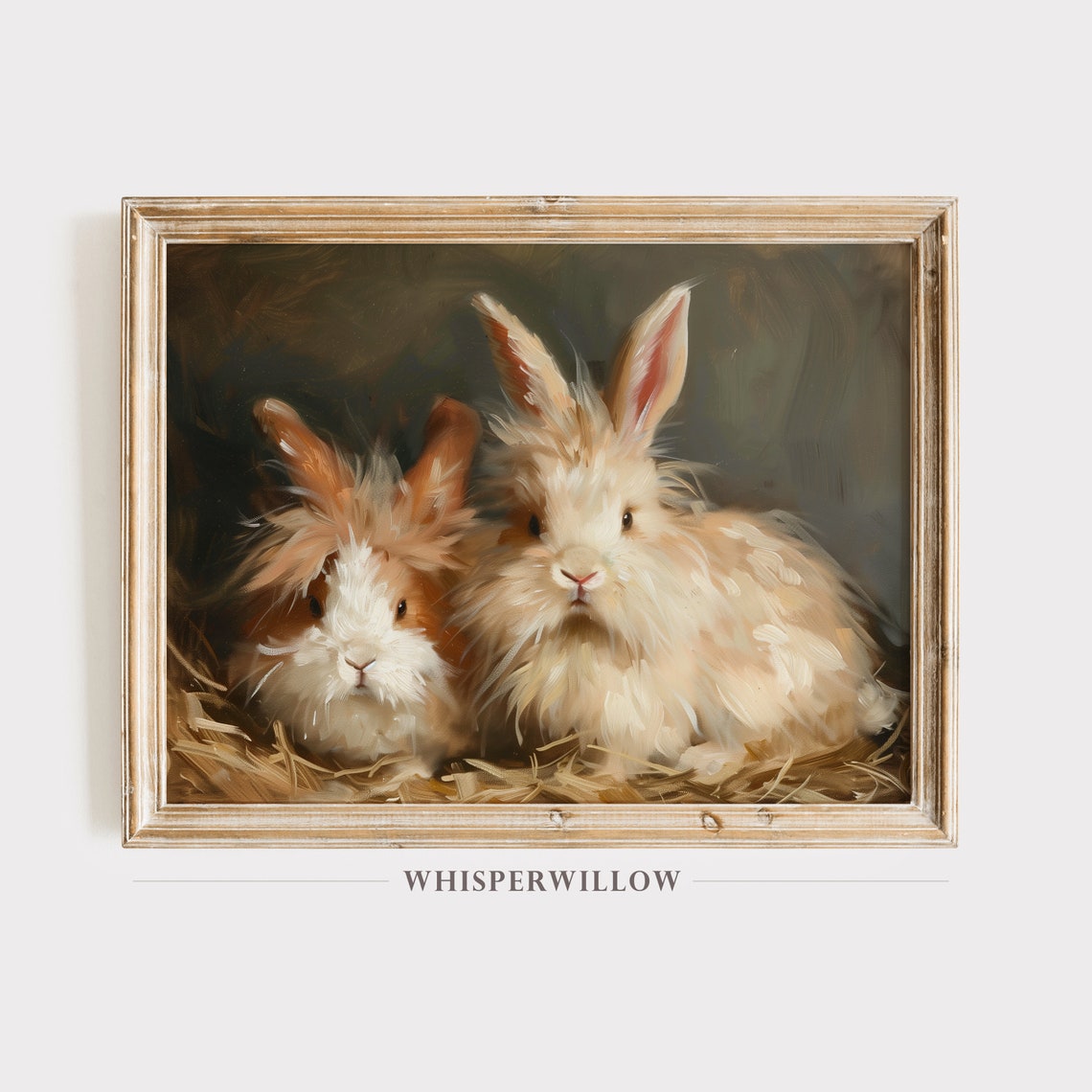 Two Fluffy Angora Rabbits In Hay Vintage Animal Oil Painting Poster