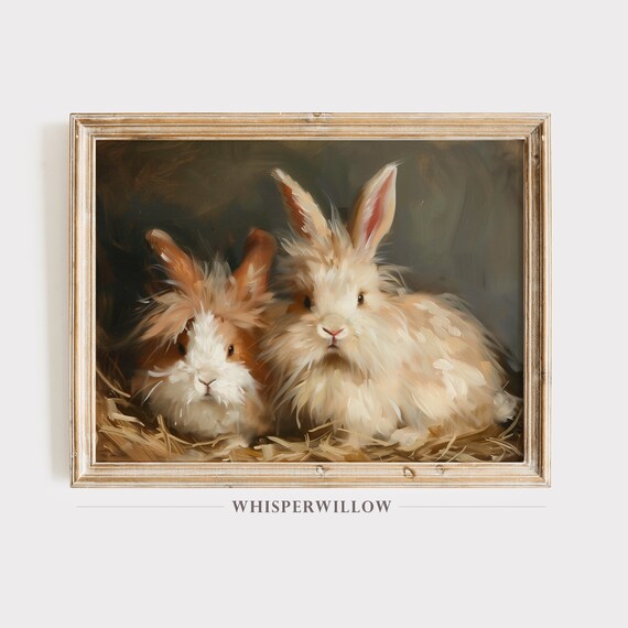 Two Fluffy Angora Rabbits In Hay Vintage Animal Oil Painting Poster
