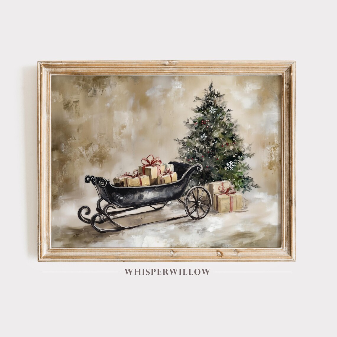 Vintage Sleigh with Christmas Gifts beside Decorated Tree Poster