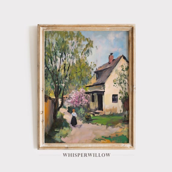 Serene Cottage Path Painting Rustic Countryside Calming Wall Art Vibrant Vintage Cottage Nostalgic Home Decor