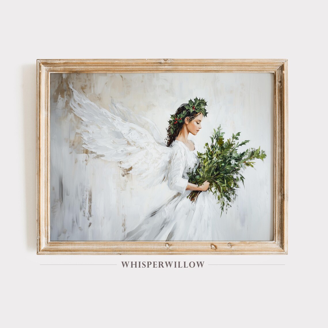 Christmas Angel in White Gown Carrying Greenery Painting Poster