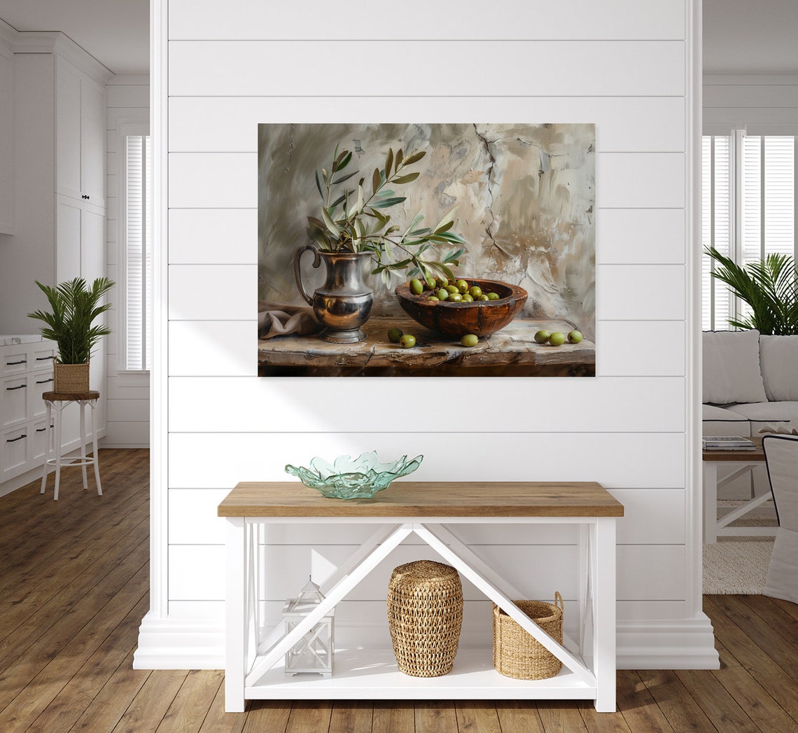 Olive Branches and Green Olives Rustic Still Life Painting Poster - Image 3