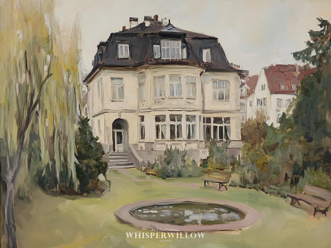 Grand European Villa with Garden Fountain Oil Painting Poster - Image 6