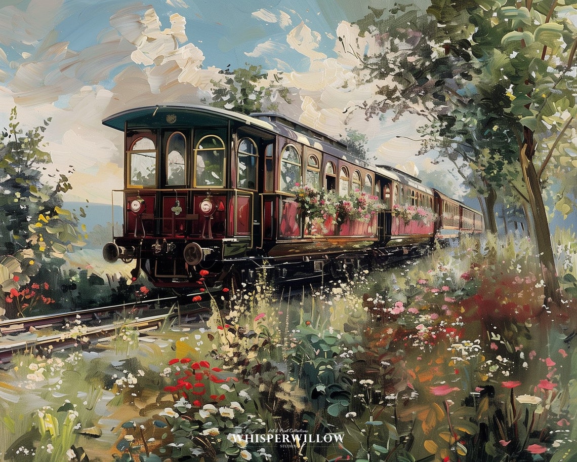 Red Vintage Passenger Train Through Wildflower Field Summer Poster - Image 6