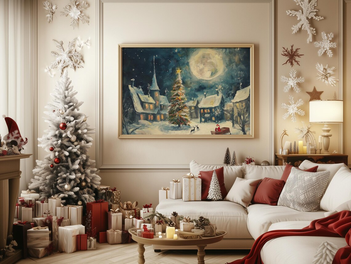 Magical Christmas Village Santa Sleigh Full Moon Snowy Night Poster - Image 2