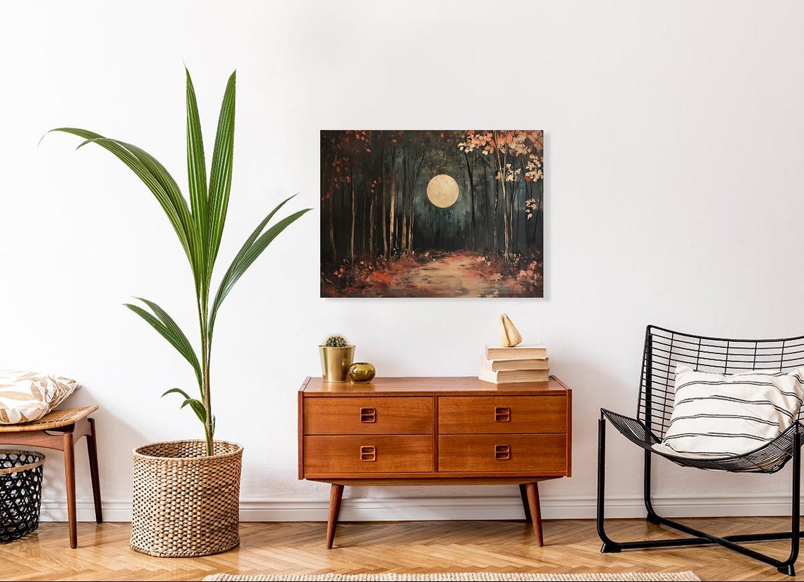 Bright Full Moon Rising Over a Dark Autumn Forest Path Poster - Image 3
