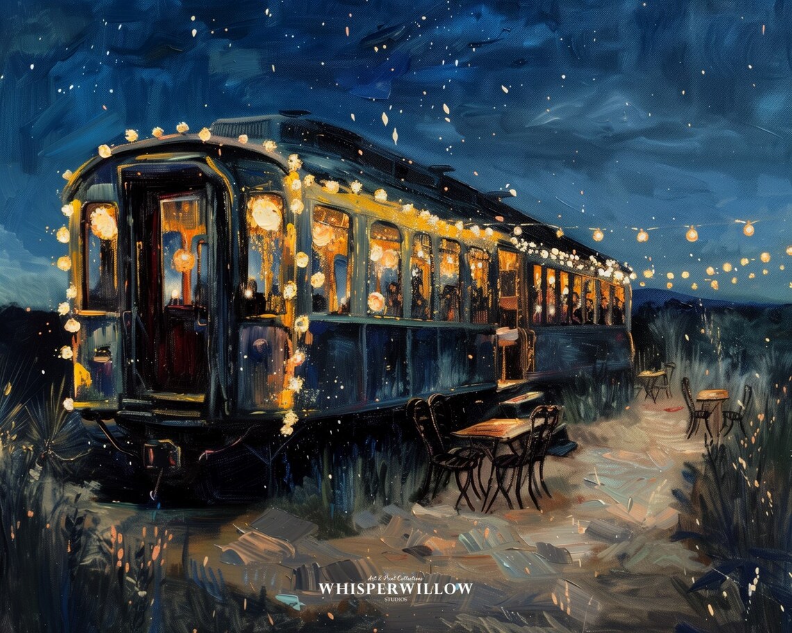Vintage Train Car Restaurant Painting String Lights Starry Night Poster - Image 6