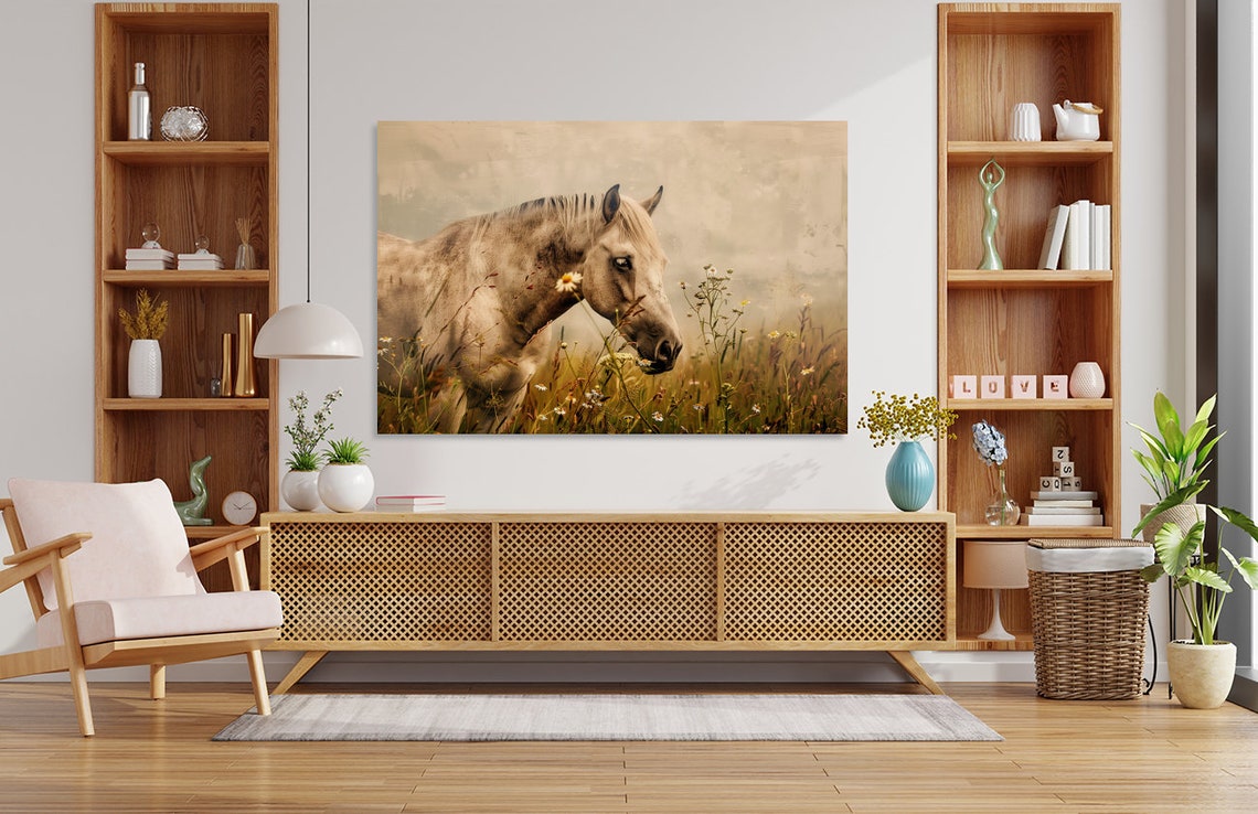 Cream Horse Grazing in Wildflower Meadow Vintage Style Poster - Image 5