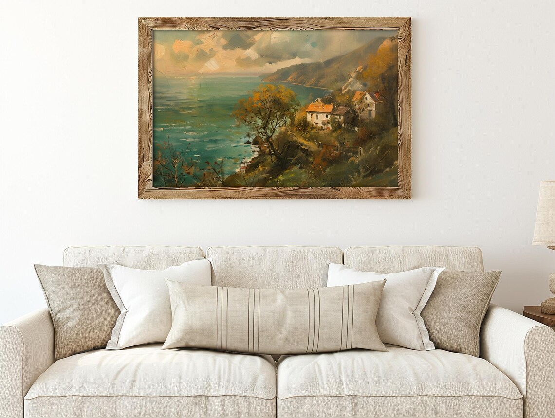 Sunset Over Mediterranean Seaside Village Vintage Oil Painting Poster - Image 2