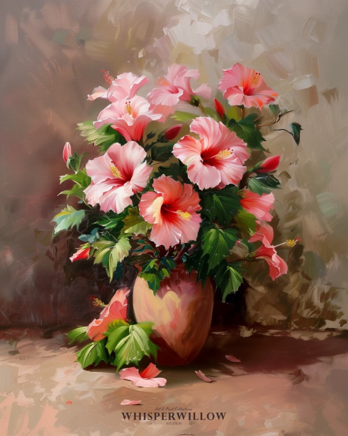 Pink Hibiscus Blooming in Vase Vintage Style Floral Painting Poster - Image 6